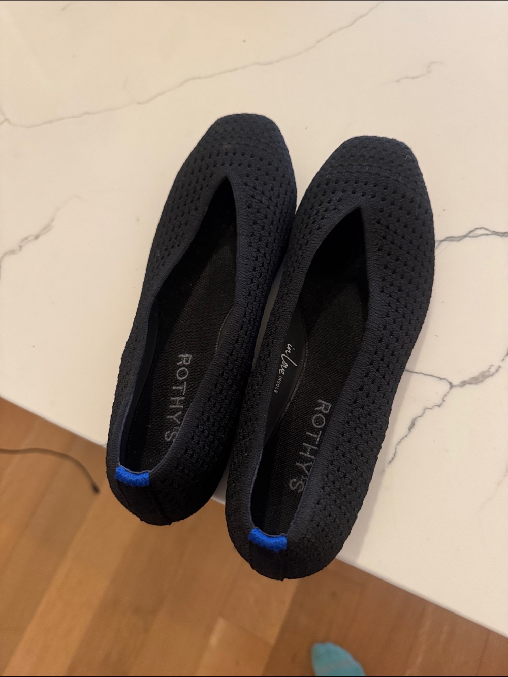Rothy's Black Knit Ballet Flats with Blue Heel Tab